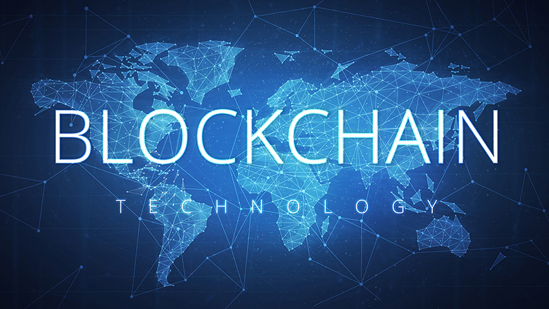 Blockchain written over digital theme map of the world